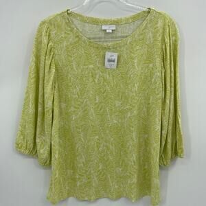 New J. JILL Puff Sleeve Top Women's LP Citron Palm Linen Blend Jersey Shirt